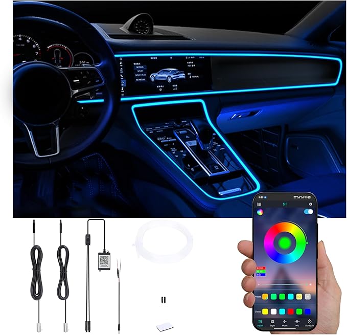 Car Ambient Lighting Optic Fiber 64 Colors Music Sound Active with APP Control Car Decorative Atmosphere Lighting Kit DC 12V 1W 3m