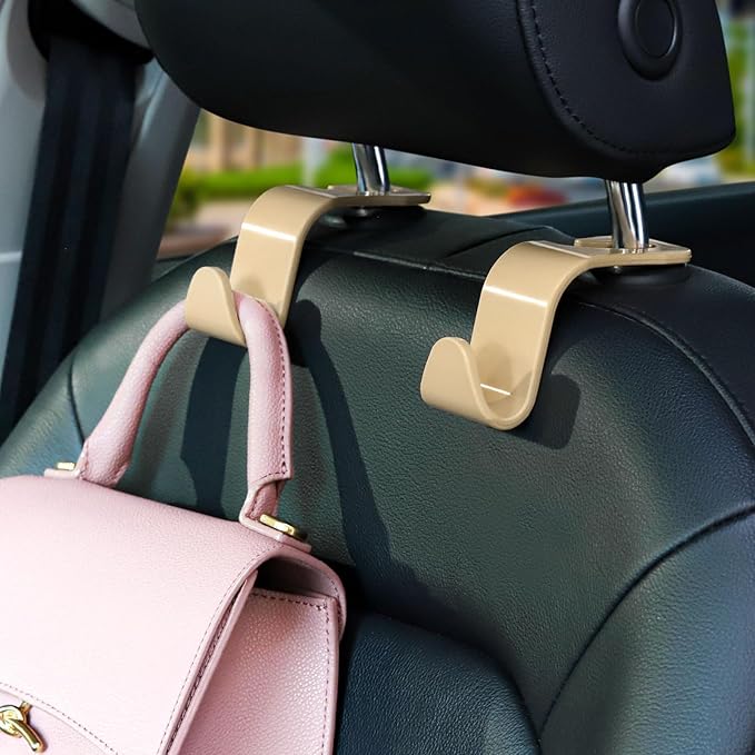 Soleebee 4 Pack Car Headrest Hooks - Universal Auto Hooks for Back Seat Hangers, Storage Organizer (Beige)