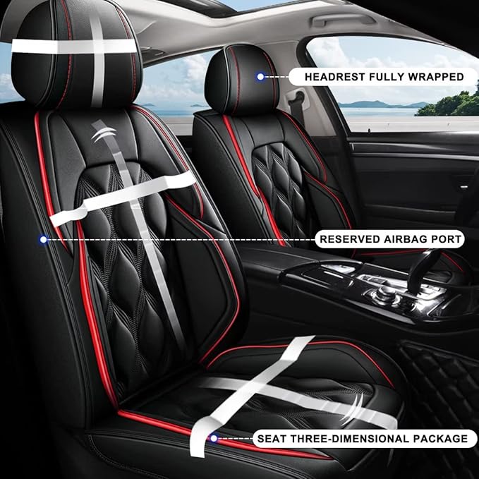 AOMSAZTO Front Seat Covers Fit for Volkswagen Tiguan 2009-2026 Waterproof Faux Leather Car Seat Cover Compatible with Airbag(2PCS Front, Black&Redline)