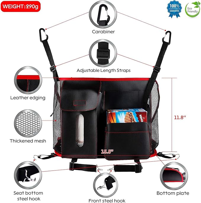 eing Car Net Pocket Handbag Holder Pu Leather Between Seats Back Storage Organizer Purse Holder for Console Front Seat Storage Barrier, Black+Red