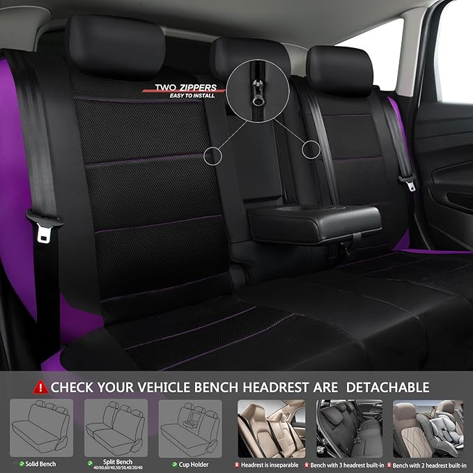 CAR PASS Leather Seat Covers, Breathable Universal Car Seat Cover Full Set for Cute Women Girly,Super 5mm Composite Sponge Inside,Airbag Compatible fits Most Auto,SUVs,Trucks,Vans(Black&Purple)