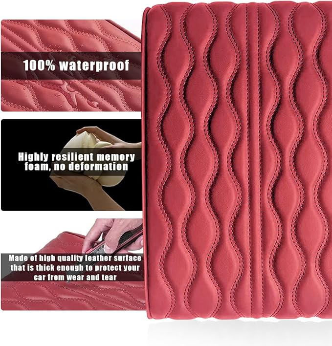 Ziciner Car Center Console Cover, Leather Memory Foam Armrest Cushion Protection Pad, Waterproof Hand Rest Pillow with Height Increase, Universal Accessory for Most Car (Wine Red)