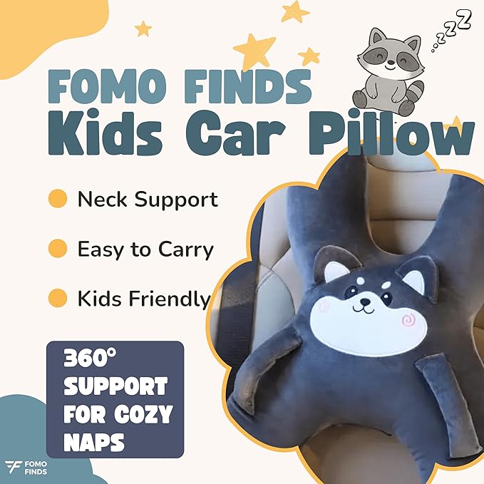 Kids Car Sleeping Pillow - X-Shaped Plush Animal for Neck & Back Support - Hands & Seat Belt Slot - Machine Washable & Compressible - Perfect for Car, Plane, Train, Boat & More - Grey