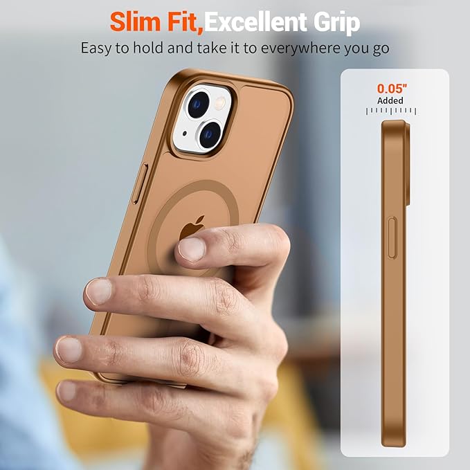 SUPFINE Magnetic for iPhone 14 Case & iPhone 13 Case (Compatible with MagSafe)(Military Grade Drop Protection) Slim Translucent Matte Shockproof Phone Cover,Brown