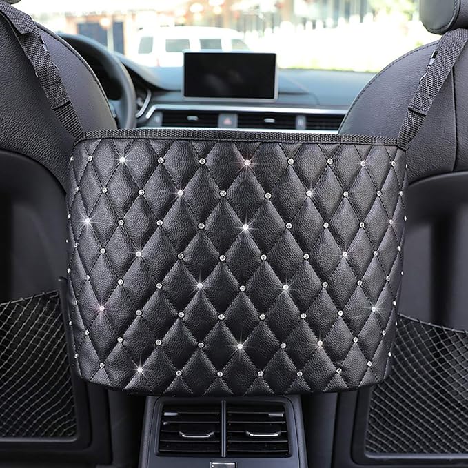 Car Net Pocket Handbag Holder with Diamond Bling Driver Netting Pouch, Handbag Holder Front Seat, Barrier of Backseat Pet Kids Storage & Pocket (Black with Diamond)