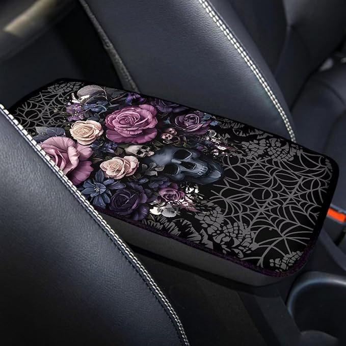 Skull Rose Print Armrest Cushion Cover for Car Dirt-Resistant & Scratch Proof Auto Armrest Seat Box Cover Protector Universal Fit Auto Interior Decor