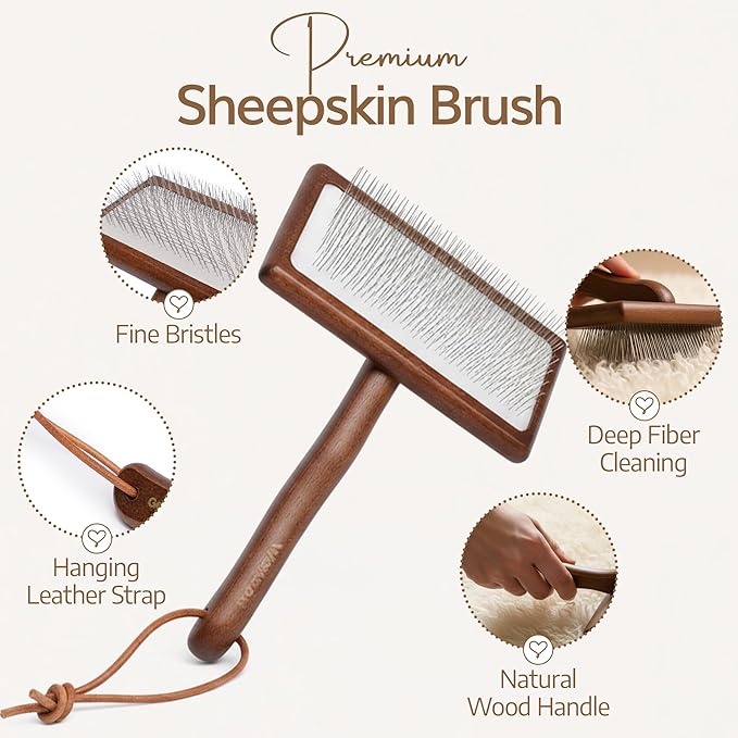 WaySoft Sheepskin Rug Brush with Premium Natural Beech Wood Handle, Restores Softness & Fluff, Gently Removes Dirt, Ideal for Sheepskin Rug Care, Includes Hanging Leather Strap for Easy Storage