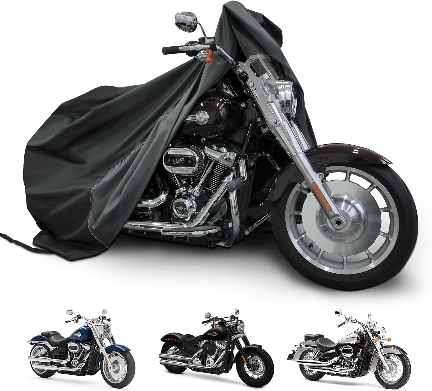 Motorcycle Cover for Cruiser Models Harley Davidson Iron 883, Fat Boy, Softail Slim, Softail Standard, Street Bob 114, Sport Glide, and Most Motorcycles - Waterproof Motorcycle Cover Outdoor Storage