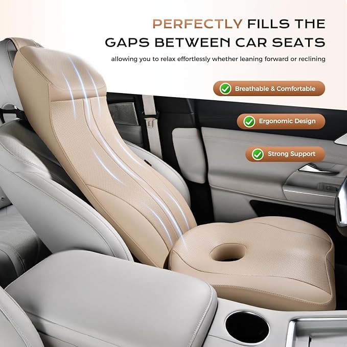 Coverado Car Seat Cushion and Integrated Neck Pillow Lumbar Support Kit, Ergonomic Lumbar Support Pillow for Car, Soft Leather Memory Foam Car Seat Cushion for Sciatica & Back Pain Relief, Beige