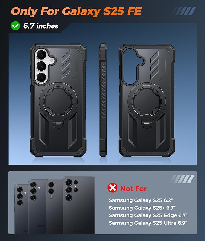 FNTCASE for Samsung Galaxy S25-FE Case: with [Magnetic Ring Kickstand] [Screen Protector] [Compatible with MagSafe] [Military-Grade Drop Protection] Heavy Duty Full Body Protective Phone Cover Black