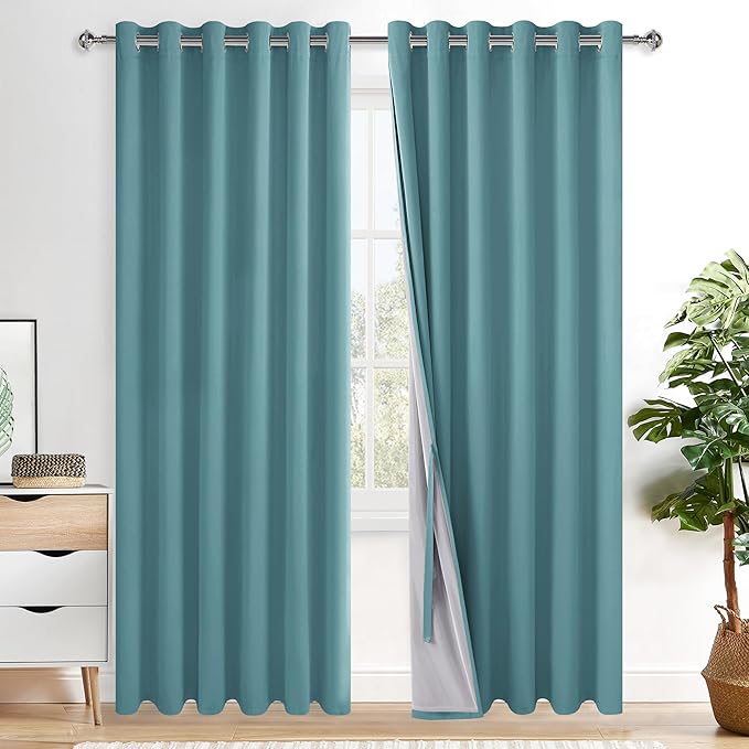 XWZO 100% Blackout Curtains - Thermal Insulated Black Liner Curtains, Noise Reducing and Heat Blocking Drapes for Hall and Studio Windows with Tiebacks, Stone Blue, W70 x L84, Set of 2