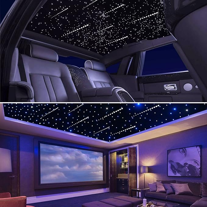 LED Fiber Optic Lights, 16W Meteor Twinkle, Bluetooth APP/Remote Control Star Ceiling Light Kit, 500pcs, 0.03+0.04+0.06in x 13.1ft, for Car/Home