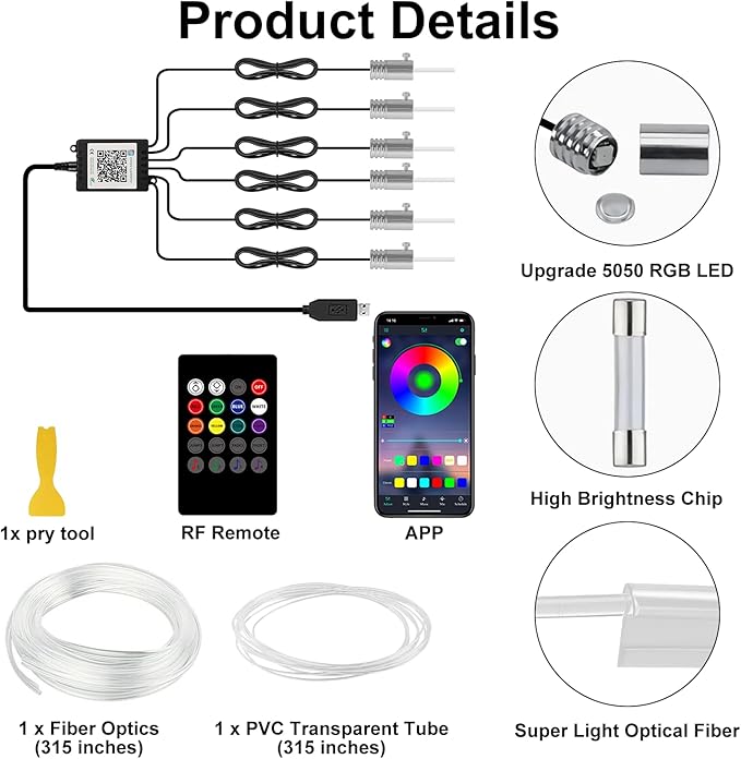 Car LED Interior Strip Lights 6 in 1 APP and Remote Control, RGB 16 Million Colors Ambient Lighting Kit with 315 inches Fiber Optic,Car Decoration for Dash Door Roof