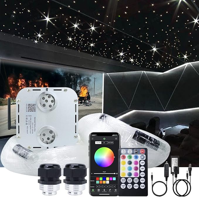 AKEPO 32W APP Twinkle Dual Head Fiber Optic Lights Kit Music Activated RGBW Star Ceiling Sky Light, 2000pcs 16.4ft/5m 0.03in/0.75mm Optical Fiber Cable + 28key Remote for Car & Home Media Room Decor
