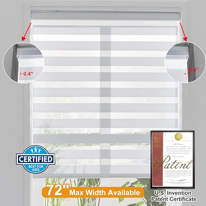 Persilux Cordless Zebra Blinds for Windows Free-Stop Window Shades (34" W X 47" H, White) Dual Layer Light Control for Day and Night, Light Filtering Sheer Shades for Home, Bedroom, Easy to Install