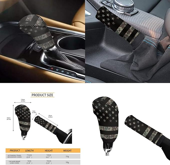 Vintage American Flag Car Interior Accessories Military Green Car Steering Wheel Cover Cup Coaster Handbrake Gear Cover Suit for Truck Vans SUV 6pcs