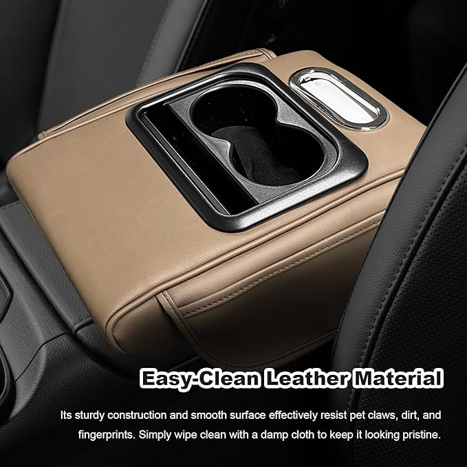 Car Center Console Armrest Pillow, Multifunctional Armrest Box Cover with Cup Phone Tissue Holder & Side Pockets, Waterproof Leather Middle Console Cushion for Most Vehicles (Beige, Normal)
