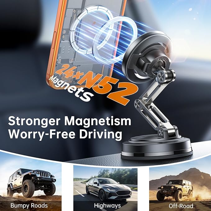 SYNCWIRE for MagSafe Car Mount, [3-Axis Adjustable] Vacuum Magnetic Phone Holder, Replaceable Suction Cup (Dashboard/Windshield), 360° Rotation, Foldable, for iPhone 17-12 Pro/Max/Plus, Carbon-Fiber