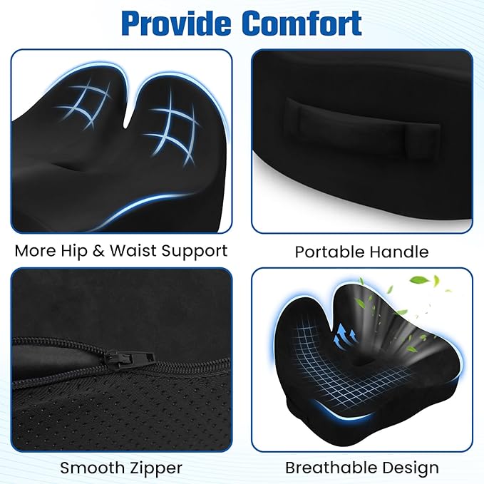 Seat Cushion, Chair Cushions for Office Chairs/Desk Seats/Wheelchair - Hip&Sciatica&Tailbone Pain Relief Memory Foam Office Chair Cushion for Long Sitting Office Workers, Black