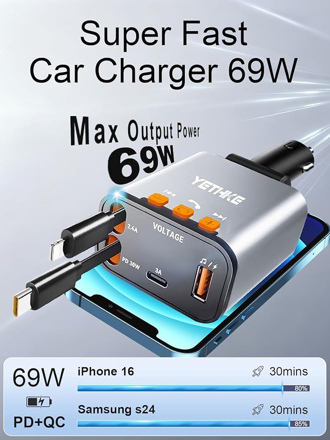 Bluetooth Car Adapter with Retractable Charger,[Upgrade] Bluetooth 5.4 FM Transmitter for Cars, 4 in 1 Fast Car Charger 69W, Handsfree Call, 2*Retractable Cable for iPhone 17/16/15/14, Galaxy-Silver