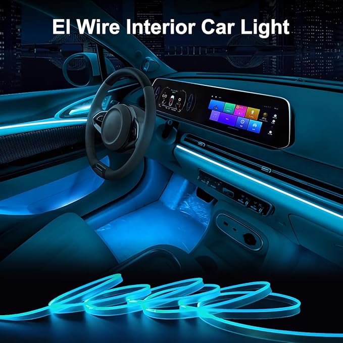 EL Wire Interior Car LED Strip Lights, LEDCARE 16.5FT USB Neon Glowing Strobing Electroluminescent Wire Strip with 6mm Sewing Edge, Ambient Lighting Kits for Car Inside Decoration (Ice Blue)