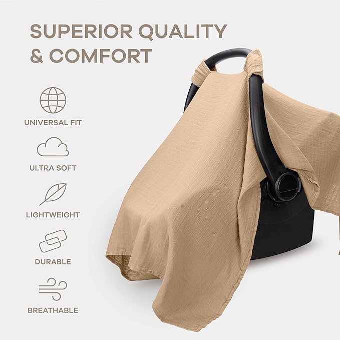 Comfy Cubs Baby Car Seat Cover - Soft, Breathable Bamboo Rayon and Muslin Cotton Blend - Lightweight Canopy for Sun, Bug, and Comfort Protection - Large Size Infant Seat Cover in Cedar Design