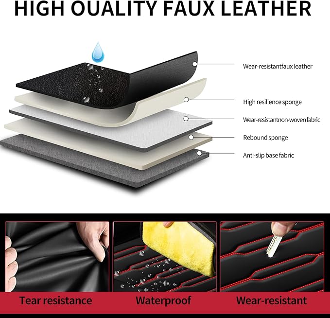 Fit Santa Fe Car Seat Covers for Hyundai Santa Fe 2007-2025 2026 - Upgraded Premium Waterproof & Breathable Leather, Airbag Compatible, All-Weather Seat Cushion Protector(2 Front/Black+Red)