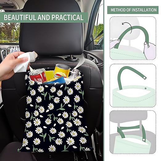 Cute Car Trash Can, Hanging Canvas Car Back Seat Organizer and Storage Bag, Funny Car Trash Bag For Travelling, Outdoor Cute Black White Flower