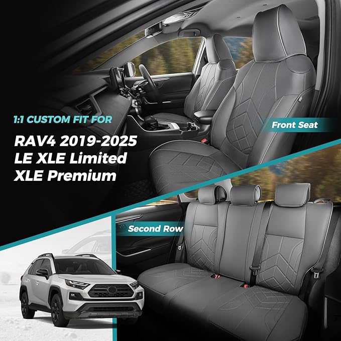 for Toyota RAV4 Seat Covers 2019 2020 2021 2022 2023 2024 2025 RAV 4 LE XLE Limited XLE Premium (Gas not for Hybrid) - Custom Leather Car Seat Covers Full Set - BlackGrey
