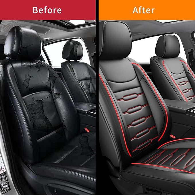 Fit Kona Car Seat Covers for Hyundai Kona 2018-2024 2025 2026 - Upgraded Premium Waterproof & Breathable Leather, Airbag Compatible, All-Weather Seat Cushion Protector(2 Front/Black+Red)
