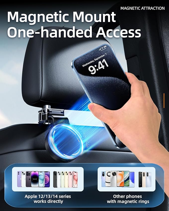 1 Pack Headrest Hook for Car Seat Back with Magnetic Phone Holder, Multifunctional Car Seat Hooks for Purses and Bags Handbag Grocery Bag, Purse Hanger Car Organizers and Storage Accessories