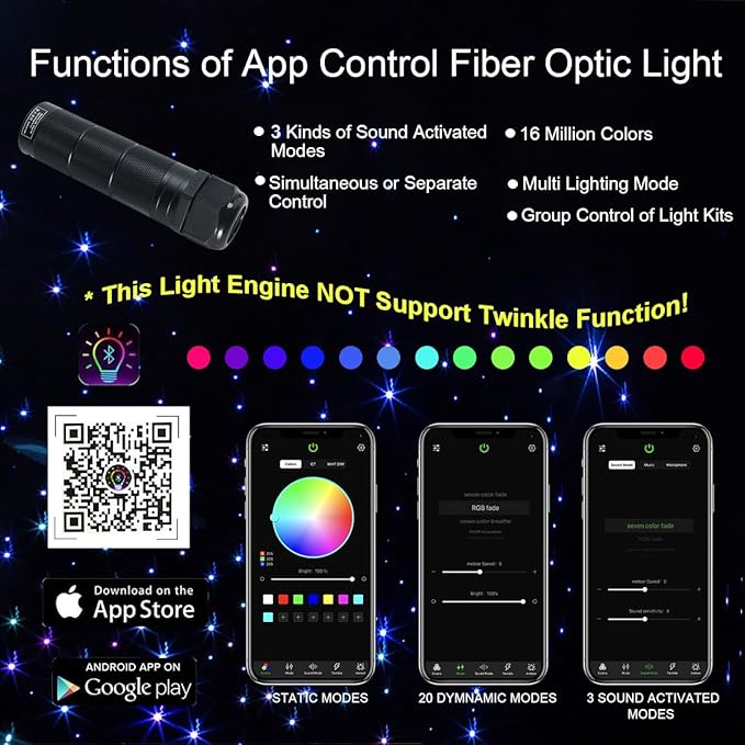 AKEPO 6W Fiber Optic Engine Driver Replacement, RGBW Lamp Beads + Music Activated + APP Control + 28-Key Remote Control for Car Headliner Star Home Star Ceiling Kit