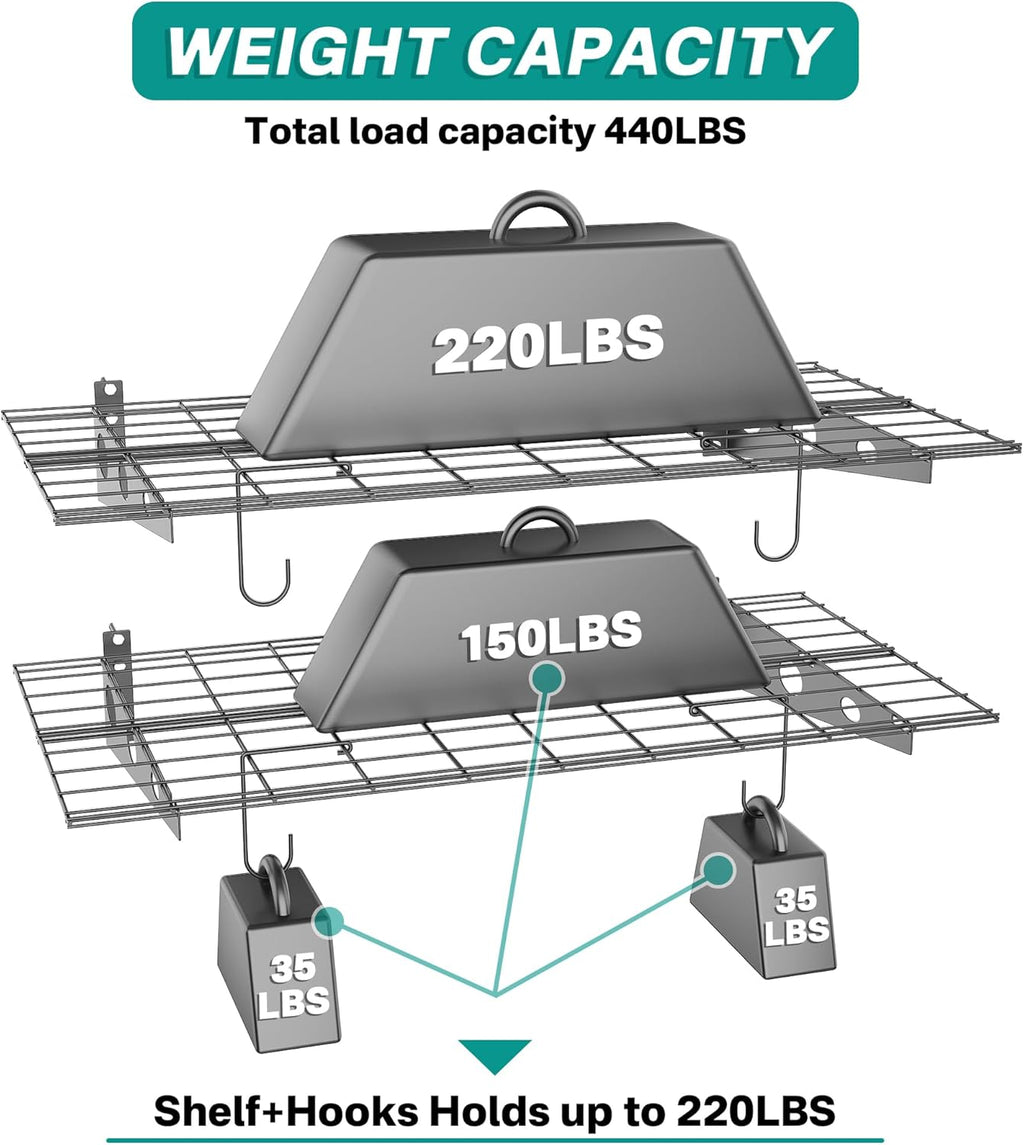 EVERHANGER Wall Mounted Garage Wall Shelves, 2 x 4 ft Metal Storage Shelves, Heavy Duty Wall Shelving with Hooks, Holds Up to 220 Lbs, Black