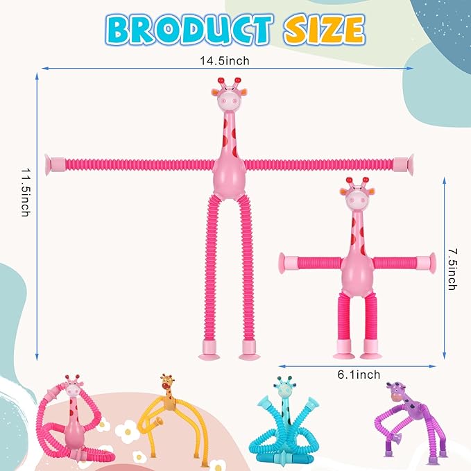 XONTEUS 4 Pcs Pop Tubes Giraffe Travel Airplane Road Trip Car Activities Essential ,Telescopic Suction Cup Sensory Fidget Toys,Screen-Free Activity for Boy & Girl , Stocking Stuffers for Kids