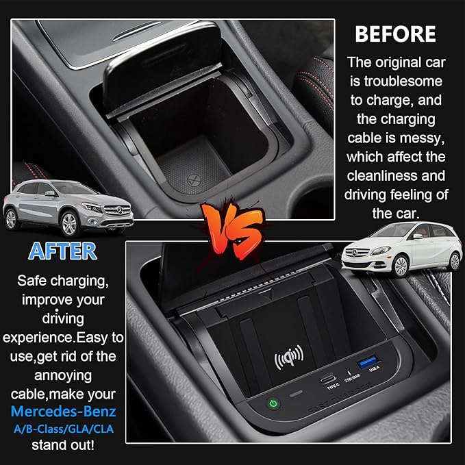 Wireless Car Charger for Mercedes-Benz A-Class B-Class GLA CLA 2013-2019 W176 W246 X156 C117 Accessory, 15W Fast Charging Phone Charger Pad with 27W USB-A & Type-C Port for iPhone Galaxy