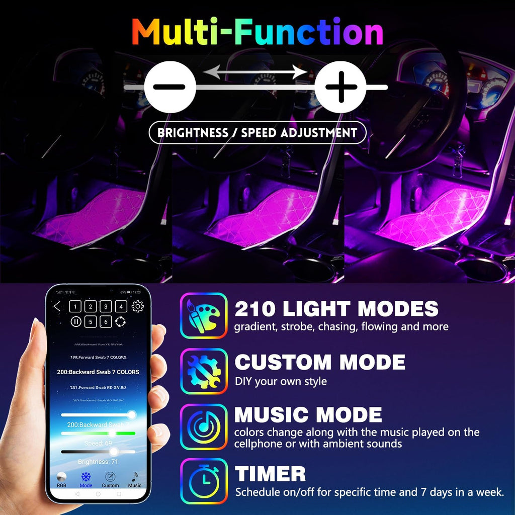 Car Led Interior Light Strip 72LEDs Under Dash Foot Well PVC Housing RGB DIY 210 Modes Static/Chase/Gradient/Strobe, Music Sync, Timer App Switch Control, USB 5V DC 12V, No Remote