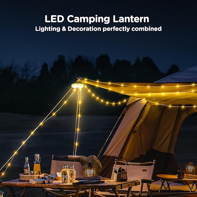 OGERY Camping String Lights, 4 in 1 Quick Storage 32.8FT Rechargeable Tent Lights String with 8 Lighting Modes, Hanging Waterproof Portable LED Lamp for Outdoor Patio Awning Garden Camping Essentials