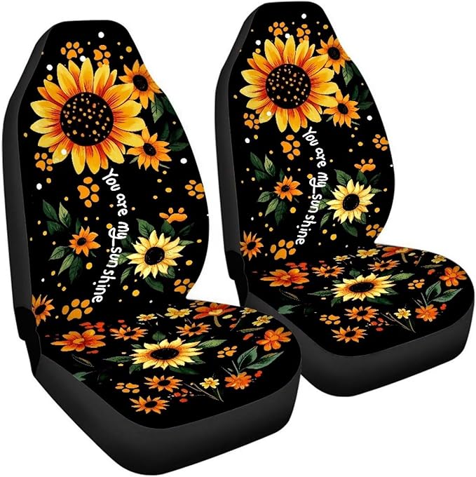 BIGCARJOB Sunflower Car Accessories Set 2 Pcs Dog Paw Sunflower Car Seat Cover Full Set for Women Girls Cute Auto Interior Seat Protector Saddle Blanket,Universal Fit
