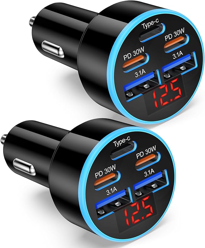 90W USB C Fast Car Charger, 2-Pack 5 Port USB C Car Phone Charger with Voltage Display, Dual PD 30W Multi Port Cigarette Lighter USB Charger for iPhone 17/Air/16/15 Pro Max,Galaxy S25/S24,iPad