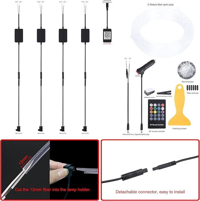 Car Interior Ambient Lighting Optic Fiber RGB 64 Colors Multicoloured Music Car Footwell Lighting Kit with Cigarette Lighter and App Microphone, 12-24V 5m