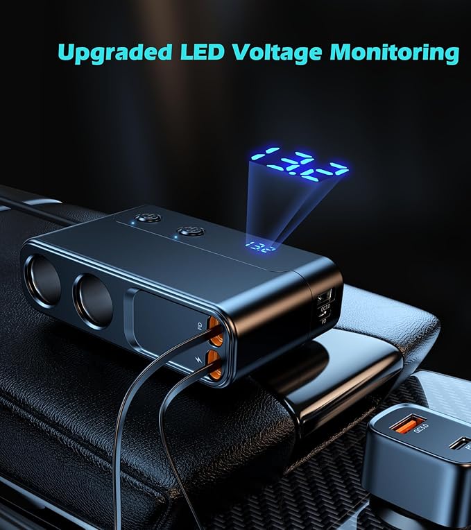 8 in 1 Retractable Cigarette Lighter Splitter, 191W Car Charger Adapter with 2 Sockets,12V Car Outlet with PD30W QC3.0 USB Charging Ports, LED Voltage Display TSNAM