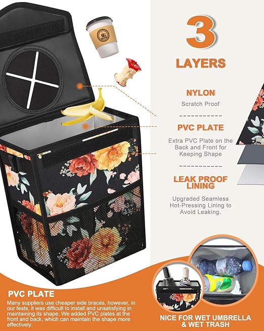 Pritent Car Trash Can with Lid, Cute Leakproof Car Trash Garbage Bag Hanging Vehicle Trash Bin Small Portable Automotive Garbage Cans Organizer for Back/Front Seat/Console(Trapezoid,Rose)