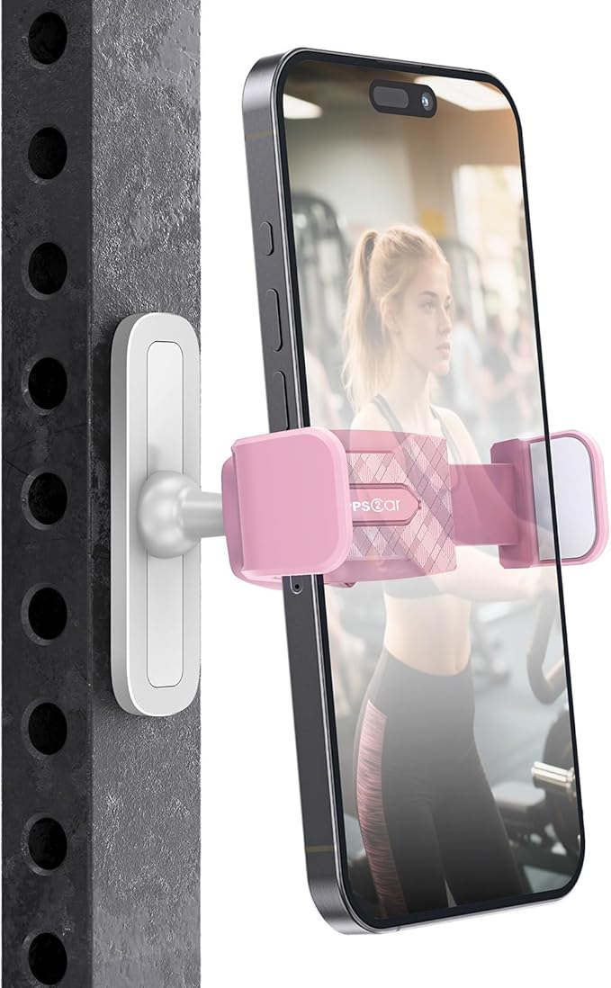 APPS2Car Gym Magnetic Phone Holder, 360 Adjustable, Compatible with 4.7-6.5" Smartphones, Alloy Base and Joint, Gym Accessories for Women, Pink