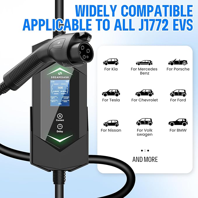 Portable Level 2& Level 1 Ev Charger for All SAE J1772 EVs, 25ft ETL Listed Electric Vehicle Charger, Smart Adjustable 6-16A,120-240V, Timer Function,Weatherproof IP66 with NEMA 6-20 Plug