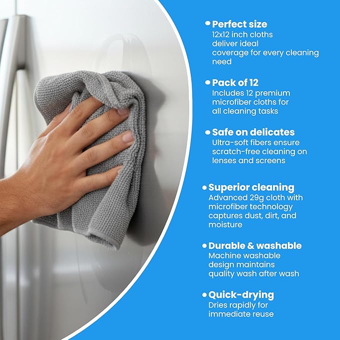 Microfiber Cleaning Cloth Grey 12 Pack Premium Microfiber Towels for Cars, Lint Free, Scratch-Free, Highly Absorbent, Reusable Cleaning Rags for Car, 320 GSM Household, Kitchen, Window, 12" x 12"