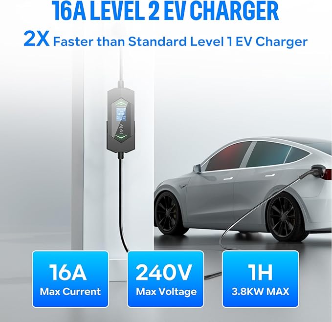 Portable Level 2& Level 1 Ev Charger for All SAE J1772 EVs, 25ft ETL Listed Electric Vehicle Charger, Smart Adjustable 6-16A,120-240V, Timer Function,Weatherproof IP66 with NEMA 6-20 Plug