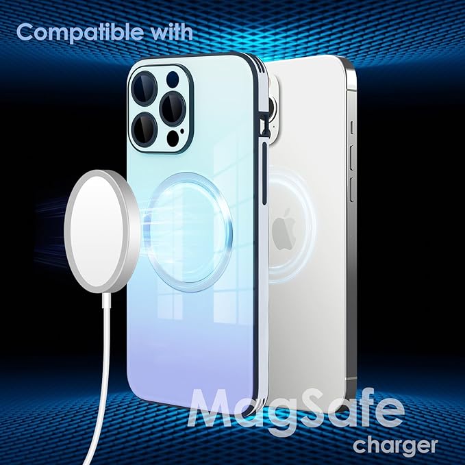Guppy Compatible with iPhone 14 Pro with MagSafe Case, Magnetic Gradient Case with MagSafe Charging, Gradient Glass Back Cover with Lens Film-Blue