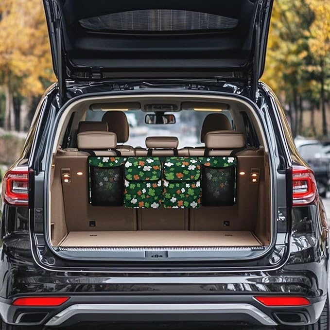 Lucky Leaf Car Trunk Organizers, St. Patrick's Day Backseat Hanging Organizer with 4 Large Storage Bag, Waterproof Car Organizer with Adjustable Strap, Road Trip Large Capacity Bag