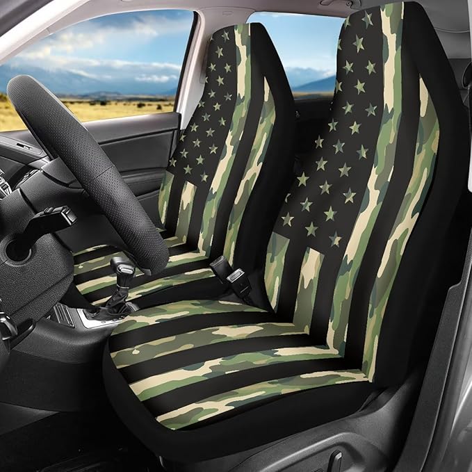ELEQIN 2 Packs Car Front Seat Cover Car Seat Protector, Nonslip Cushion Cover for Cars, Trucks & SUVs Auto Interior Decor, Camo American Flag Print