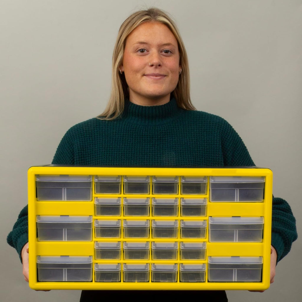 Akro-Mils 26-Drawer Plastic Drawer Storage Cabinet for Garage Organization, Bead Organizer, Building Bricks Storage, Teacher Toolbox, Makeup Organizer, 20-Inch W x 6-Inch D x 10-Inch H, 10126 Yellow